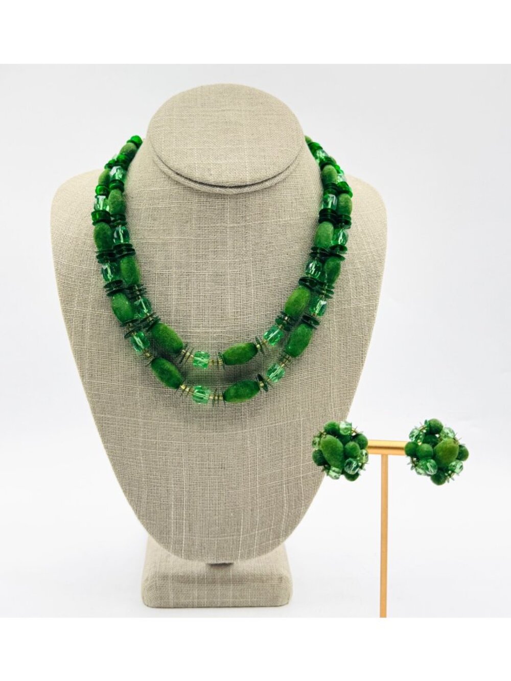 Vintage Double Strand Flocked And Glass Beads Necklace and Earrings Set